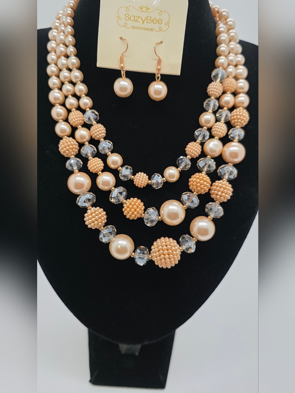 Champagne Gold Pearl Multi-Strand Necklace & Earrings Set